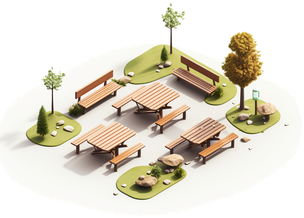 Various park benches in a scenic arrangement